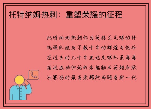 托特纳姆热刺：重塑荣耀的征程