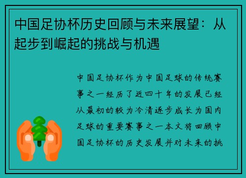中国足协杯历史回顾与未来展望：从起步到崛起的挑战与机遇