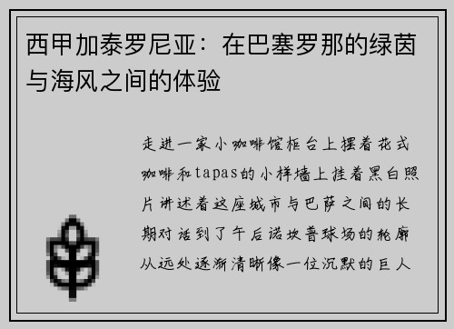 西甲加泰罗尼亚：在巴塞罗那的绿茵与海风之间的体验