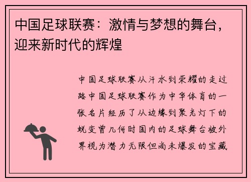 中国足球联赛：激情与梦想的舞台，迎来新时代的辉煌
