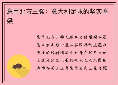 意甲北方三强：意大利足球的坚实脊梁